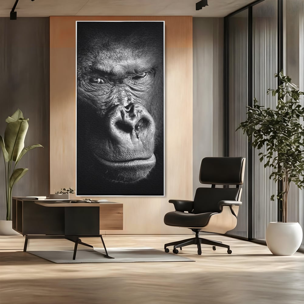 Tablou canvas cu tablou canvas cu portret de gorila, in rama de aluminiu argintiu, pe perete intr-un birou